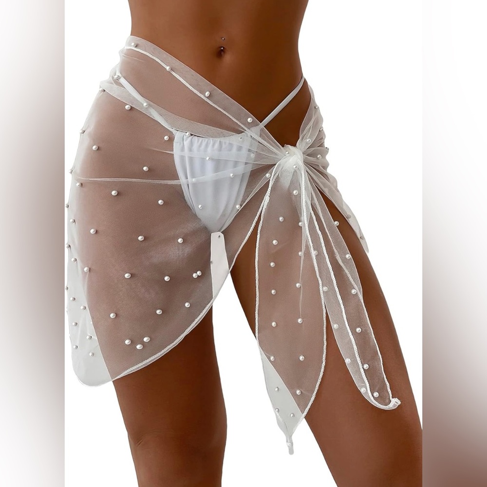 Sheer White Pearl-Embellished Swim Sarong